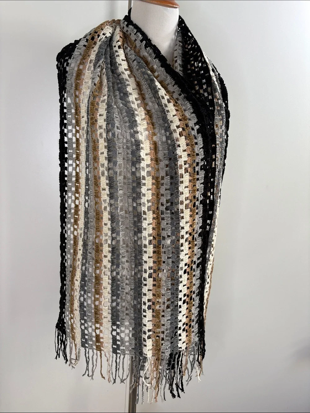Missoni Black White Gray Gold Striped Fringe Knit Scarf Wrap